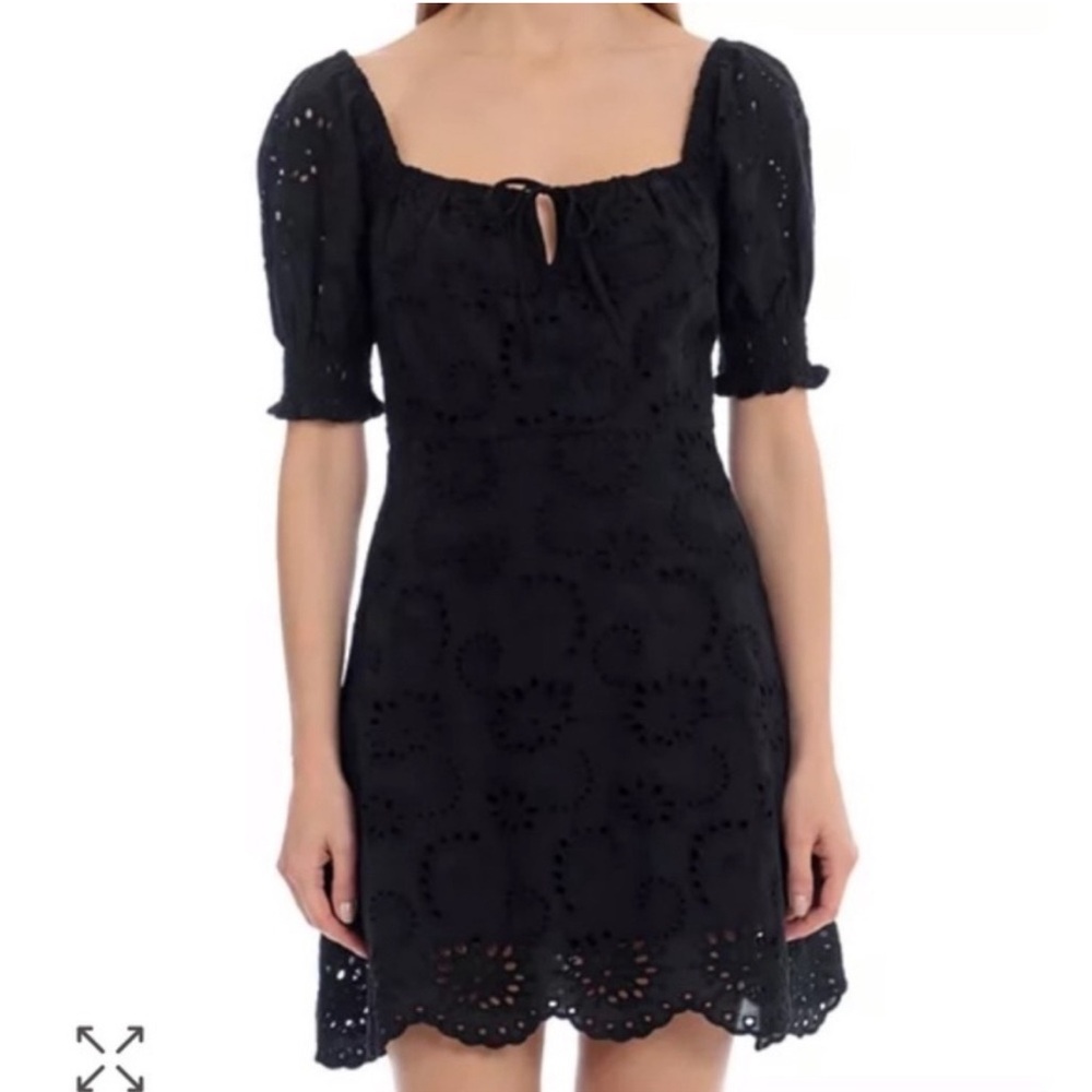 7  For all Mankind Eyelet Black Mini Dress Puff Sleeve Size Medium